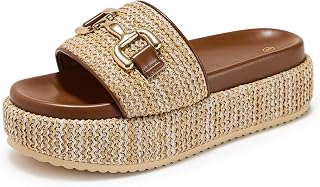 Platform Sandals Women Espadrille Raffia Slides Summer Beach Shoes | Cute Slip On Sandals, Boho Flatform Open Toe Sandals, Woven Straw, Comfortable Casual Daily Wear, Beach Vacation