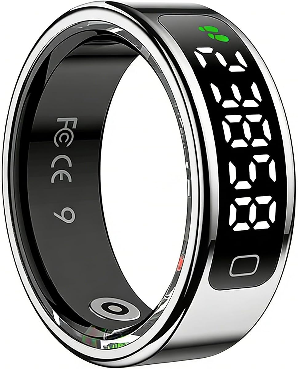 Smart Ring for Women Men, Health Fitness Tracker with Touchscreen Display, Heart Rate/Blood Oxygen/Sleep Monitor, Activity Tracker, 1ATM Waterproof, Compatible with iPhone & Android (Sliver, 8)