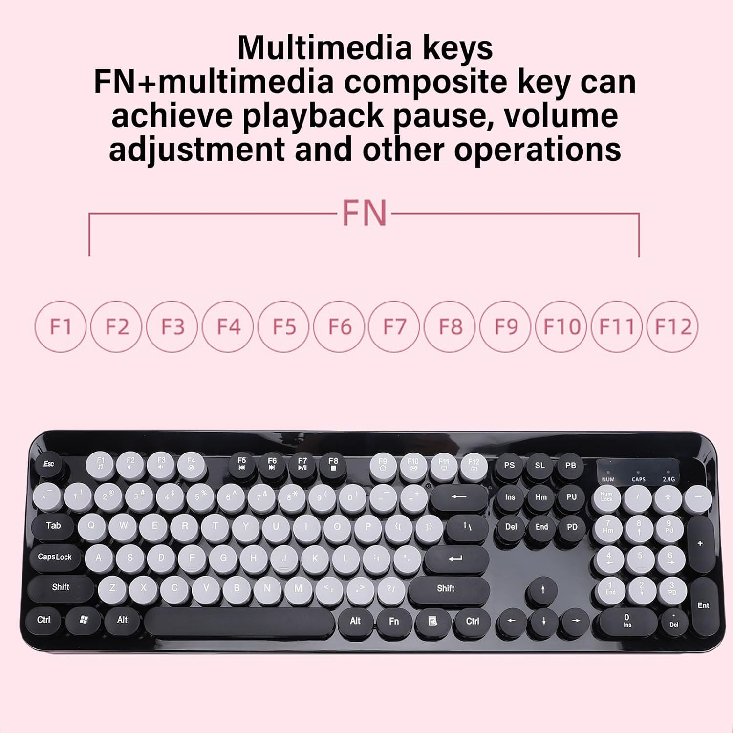 Wireless Keyboard and Mouse Combo, 2.4GHz Plug and Play with Retro Typewriter Style Round Keycaps, 104 Keys with Numeric Pad, for PC Laptop Desktop (Black)