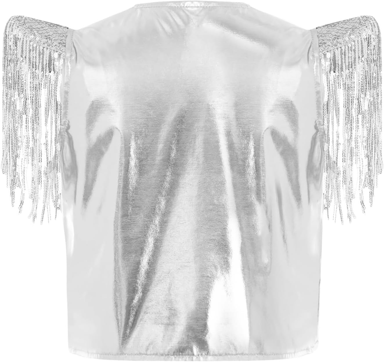 Shinsto Girls Jazz Latin Dance Performance Outfit Sequin Tassel Cap Sleeves Vest with Metallic Flared Pants Silver 14 Years