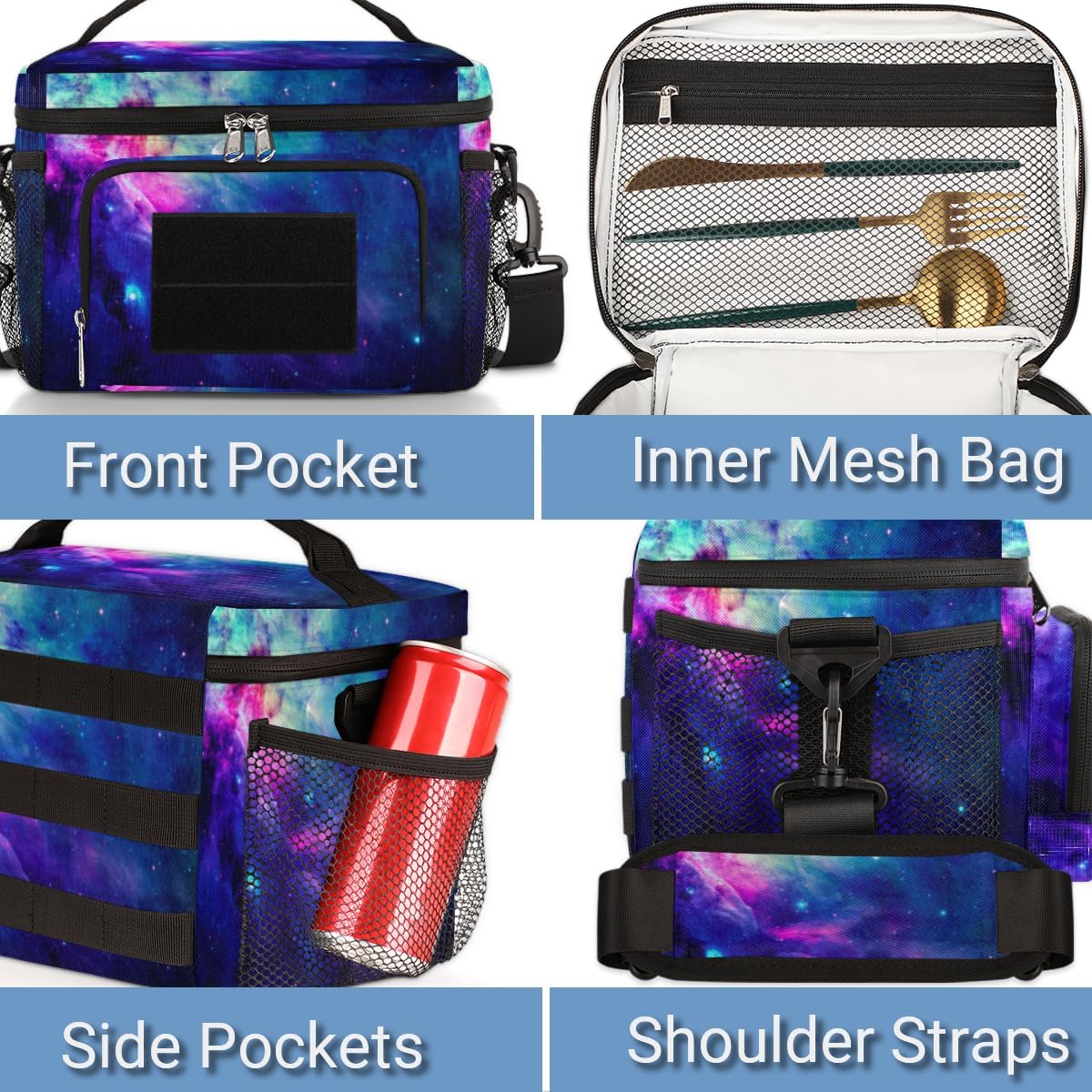 Colorful Funny Space Tactical Lunch Box for Men Insulated Lunch Bag Durable Leakproof Cooler Bag with Shoulder Strap and Sturdy Handle for Work Outdoor Picnic Trips