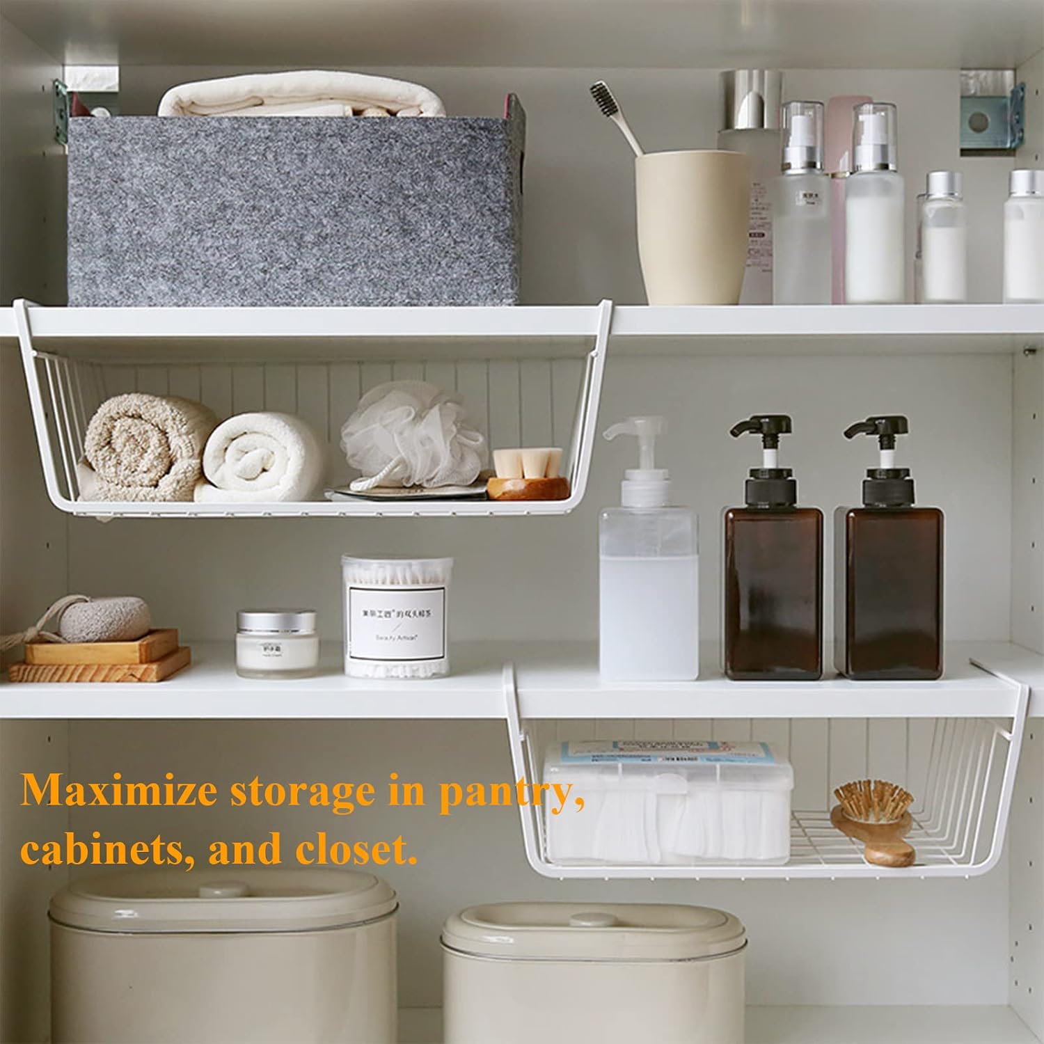 Tebery 4 Pack White Under Shelf Wire Basket Hanging Storage Baskets, Under Cabinet Add-on Storage Racks Slide-in Baskets Organizer for Kitchen Pantry Desk Bookshelf
