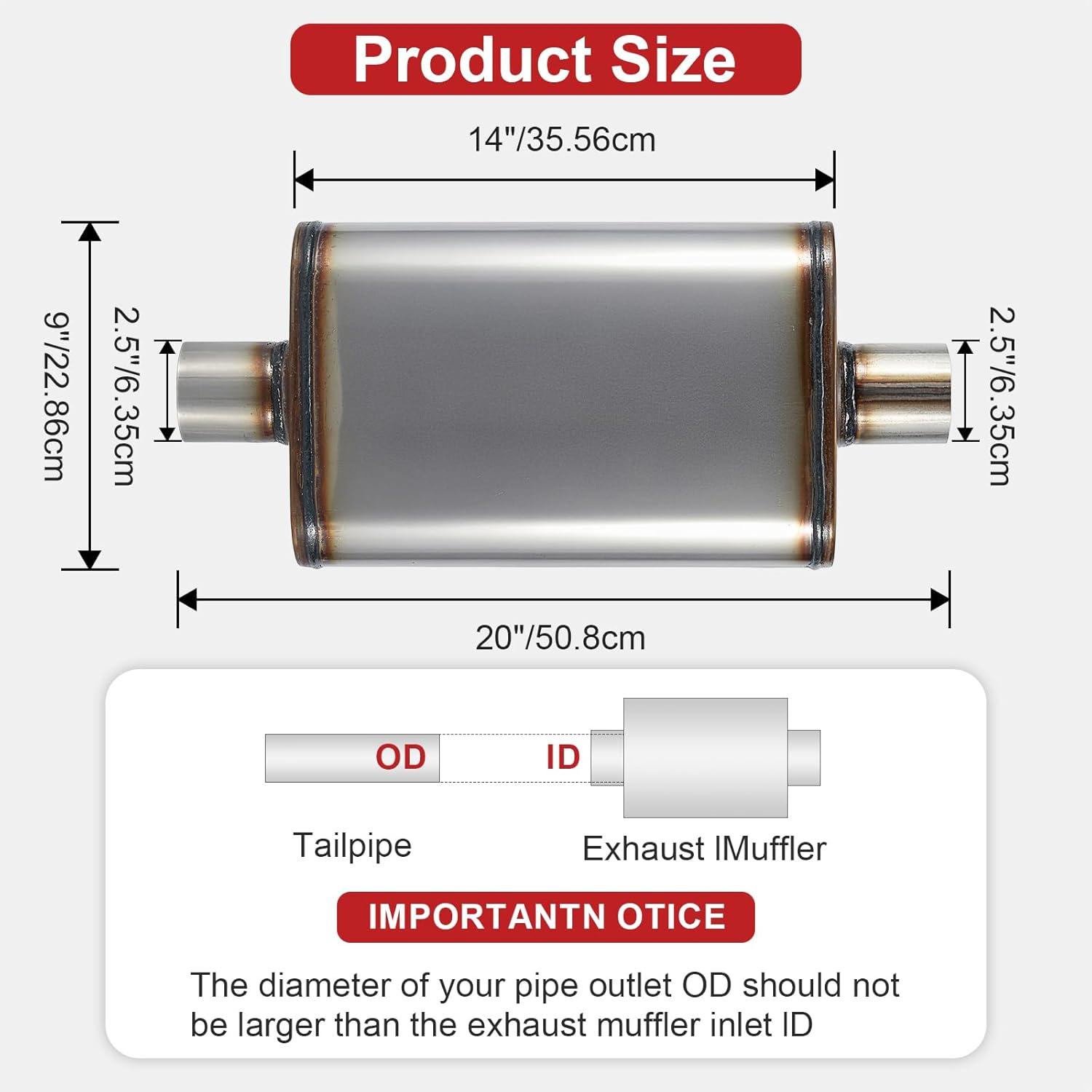 Exhaust Muffler, Universal Muffler for Cars Trucks, Stainless Steel Straight-Through Chamber Performance, 2.5" Inlet/Outlet, 20" Overall Length