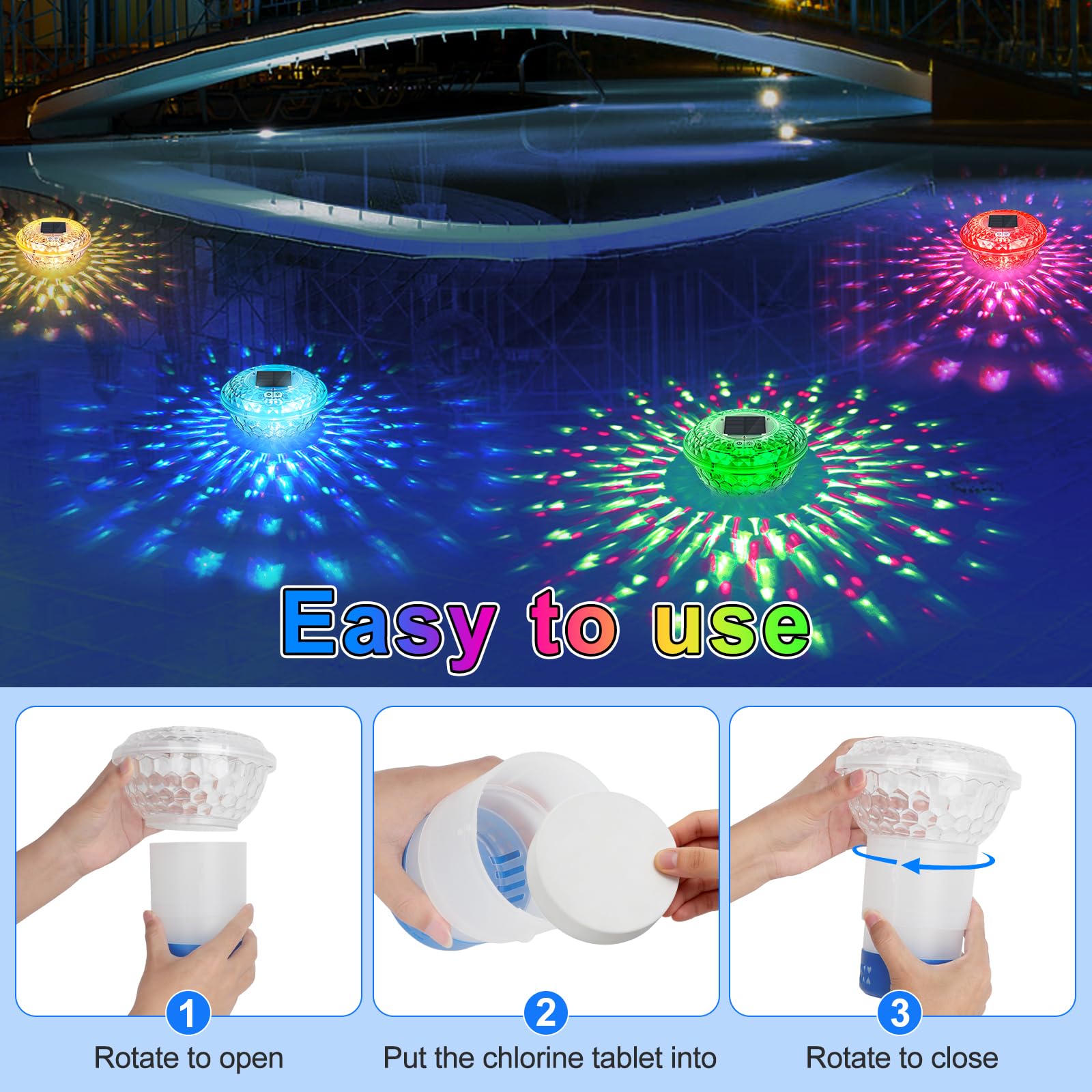 Dosierschwimmer Pool, 7 Farben Dosierschwimmer Whirlpool, Chlorschwimmer Pool mit Bunte Lichter, Solar Poolbeleuchtung mit Fernbedienung, für Hot Tub und Großraumpool, Einstellbare Freigabe
