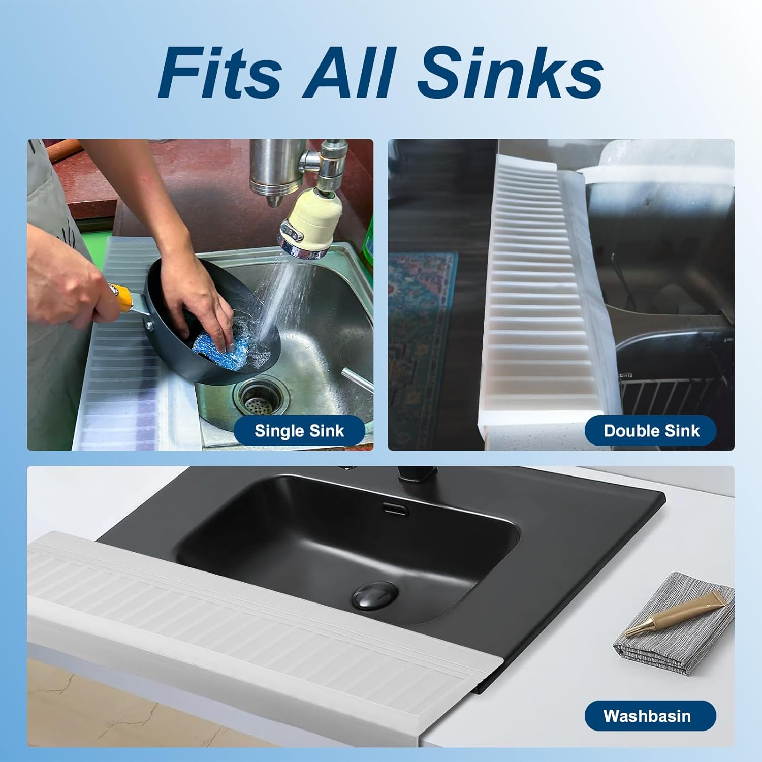 kitchen Silicone Sink Splash Guards & Edge Protector, 4"X20", Pure Silicone, Open Edge Protector Can Be Cut & DIY, Fits All Sinks