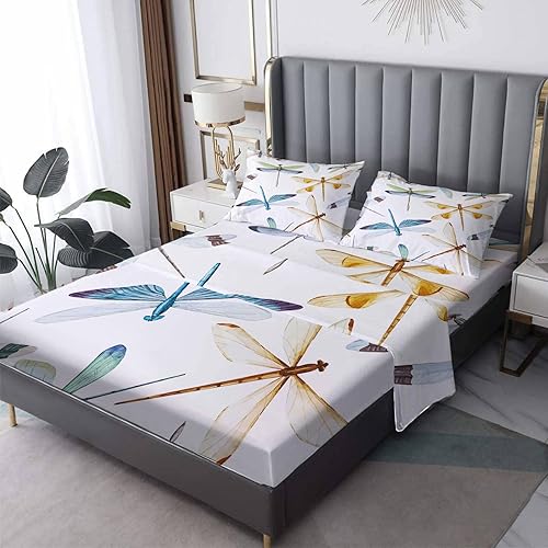 THYUNQ Sábanas de libélula tamaño individual, sábanas y fundas de almohada con patrón de insectos, bolsillo profundo de 16 pulgadas, juego de THYUNQ Sábanas de libélula tamaño individual, sábanas y fundas de almohada con patrón de insectos, bolsillo profundo de 16 pulgadas, juego de
