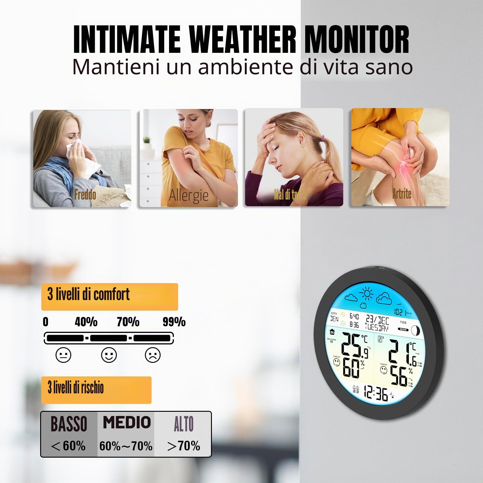 Raddy DT7 Stazione Meteo Senza fili con Sensore Esterno, Stazione meteorologica con ampio display a colori HTN, orologio DCF, doppi allarmi, previsioni meteo, avviso gelo