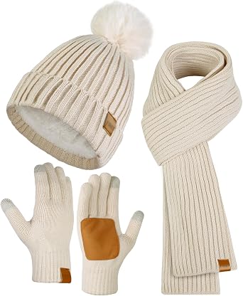 Womens Winter Beanie Hat Scarf Gloves Set, Birthday Gifts for Women Mothers Day, Womens Pom Pom Beanie Warm Long Knit Scarf Neck Warmer Touchscreen Gloves Winters Accessories for Cold Weather