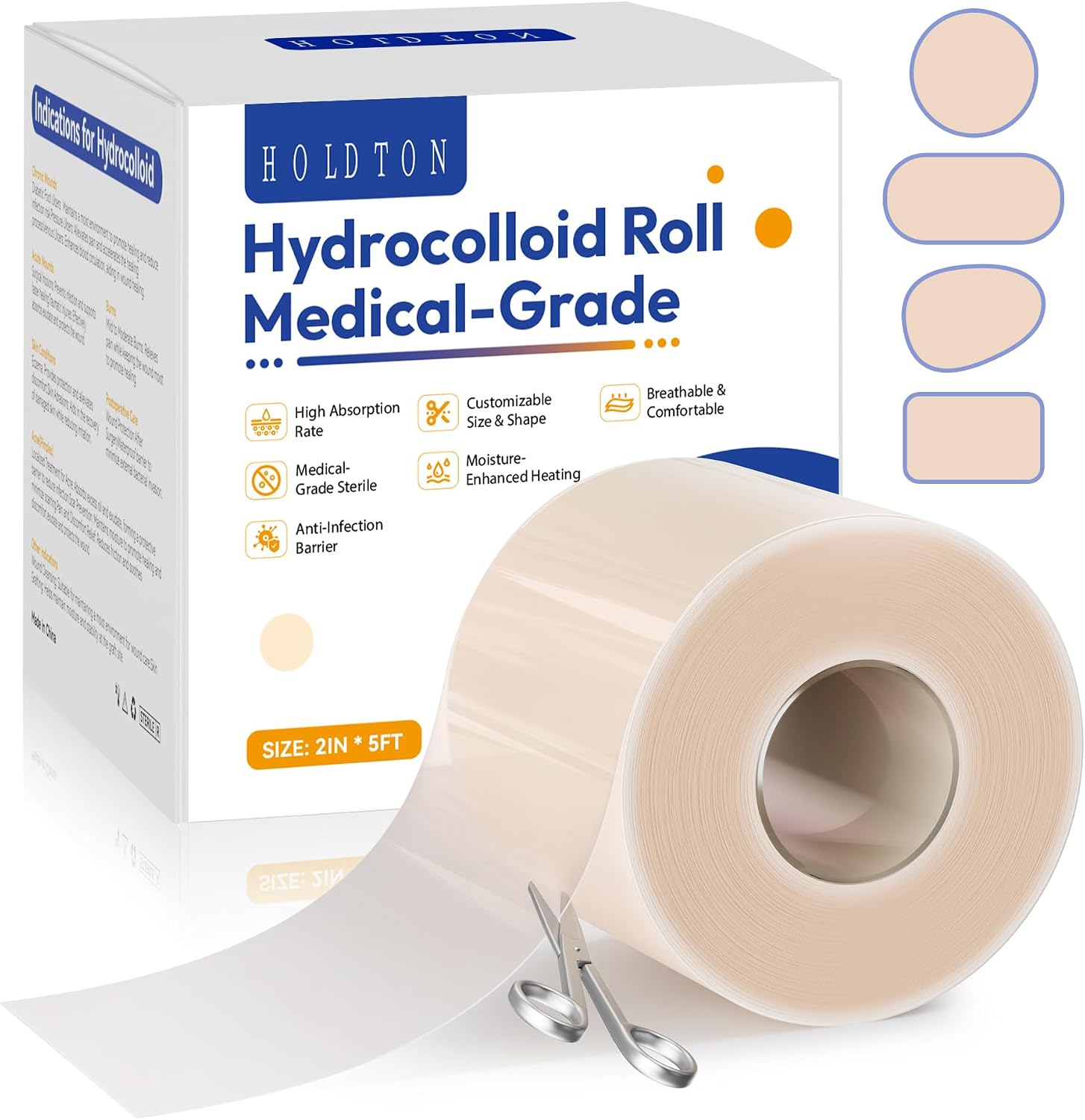 Hydrocolloid Roll for Wound Care, 2" × 5FT Cut-to-Size Hydrocolloid Bandages with Self-Adhesive, Ultra-Absorbent Dressing for Blisters, Burns, Acne & Minor Cuts, Waterproof, Invisible