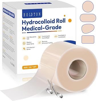 Hydrocolloid Roll for Wound Care, 2" 5FT Cut-to-Size Hydrocolloid Bandages with Self-Adhesive, Ultra-Absorbent Dressing for Blisters, Burns, Acne & Minor Cuts, Waterproof, Invisible