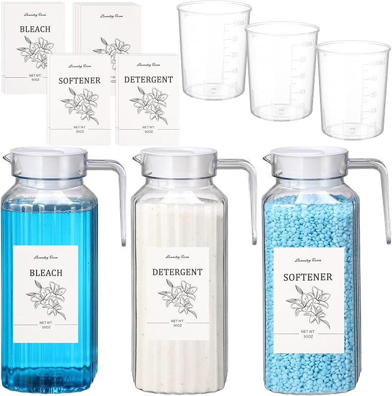 Potchen Juego de 3 dispensadores de detergente para ropa, contenedor de detergente líquido acrílico transparente con etiquetas y tazas medidoras, dispensador de suavizante de tela para organización de la lavandería (50 oz)