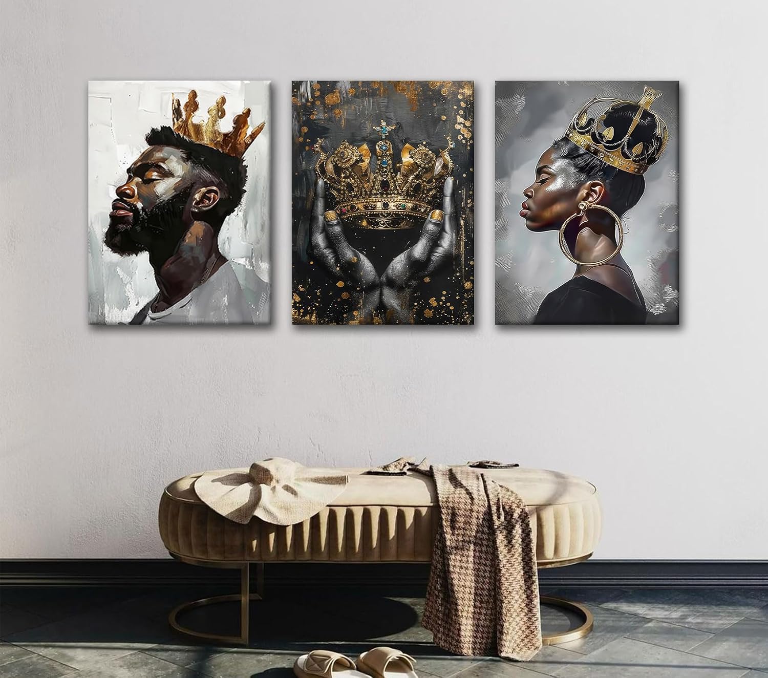 AUFDASORT 3 Pcs African King and Queen Canvas Wall Art, Modern Black and Gold Royal Portrait Canvas Prints, Gallery Wrapped Wall Decor for Living Room Bedroom Office, 16x24 Inch Ready to Hang