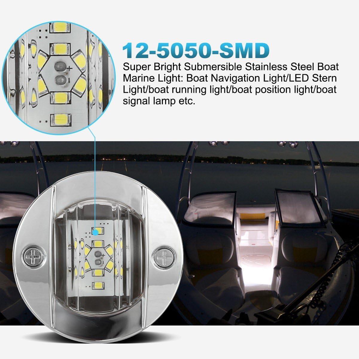 ໃກ້ຊິດ view of the 12-5050-SMD LED array inside the marine light.