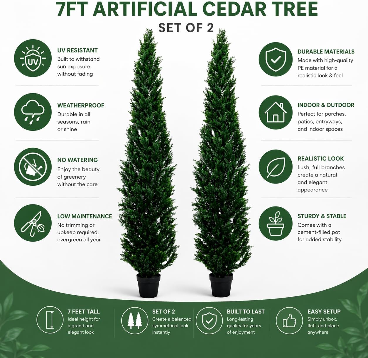 7 Feet Outdoor Artificial Topiary Cedar Tree, Set of 2 UV Resistant Potted Faux Cedar Trees for Outdoors and Indoors, Decorative Fake Shrubs Topiary Trees for Home Living Room Front Door Decor