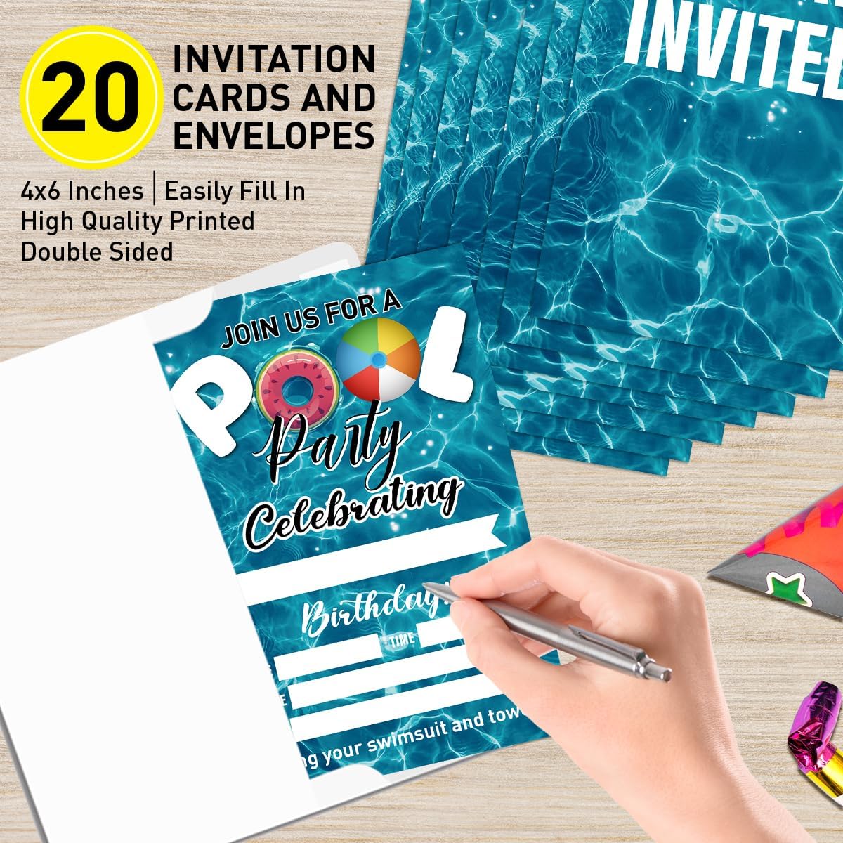 Birthday Invitations Pool Party for Boy with Envelopes, Summer Swimming Party Birthday Invite Cards, Pool Party Celebrating, 4"x6" Set of 20