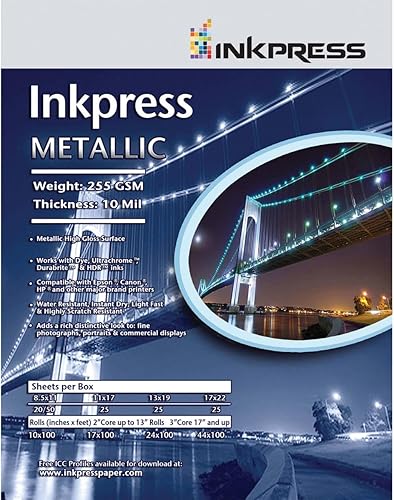 Inkpress Papel de inyección de tinta brillante metálico, 255 gsm, 10 mil, superficie brillante metálico, 4x6 pulgadas, 50 hojas