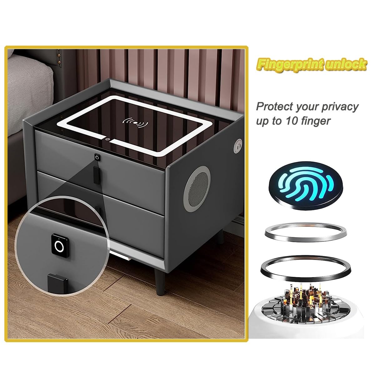 Mesita de Noche Inteligente, Mesa Auxiliar con estación de Carga inalámbrica y Luces LED, Altavoz Bluetooth, Armario Moderno con 2 cajones de Almacenamiento (Color: Gris, Tamaño 30 cm B)