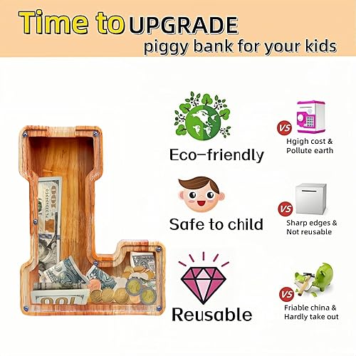 Miniatura 57 de Alcancía grande para niños y niñas, alcancía de madera personalizada con diseño recortado, bancos de monedas de letras del alfabeto, caja de ahorro