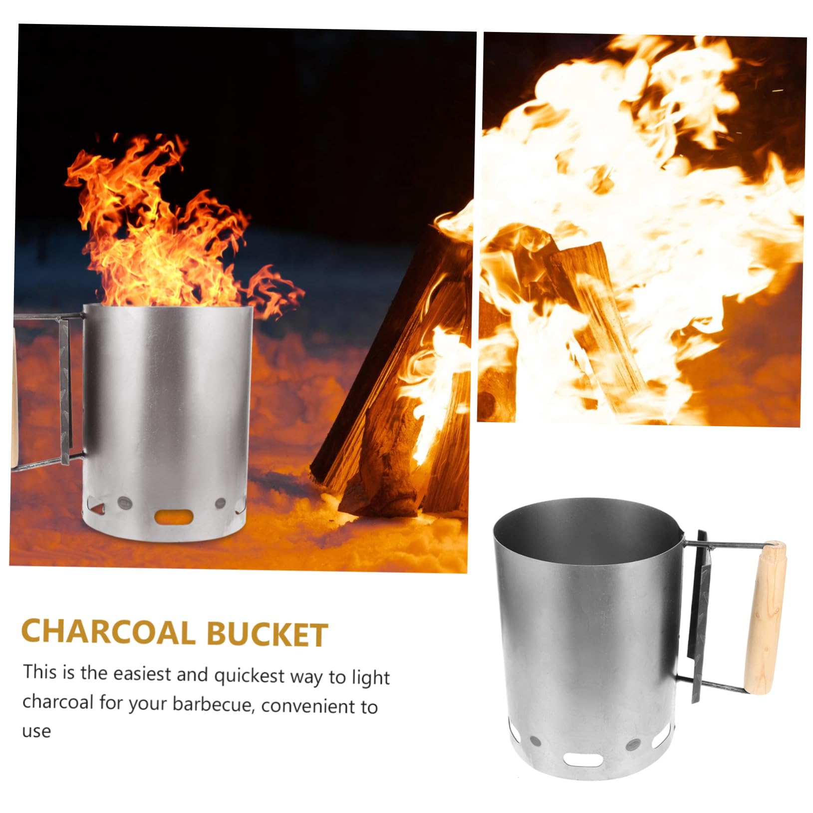 BESPORTBLE Encendedor de Carbón para Chimenea de Barbacoa de Camping | Acabado Plata, Hierro y Mango de Madera, Gran Circulación de Aire, Uso Exterior y Brasero
