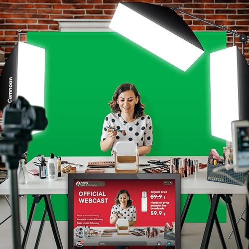 Miniatura 2 de Kit de iluminación Softbox, kit de fotografía Camnoon con 3 cajas de luz, 3 85W 2800K-5700K luz LED de temperatura bicolor, 3 telones de fondo,