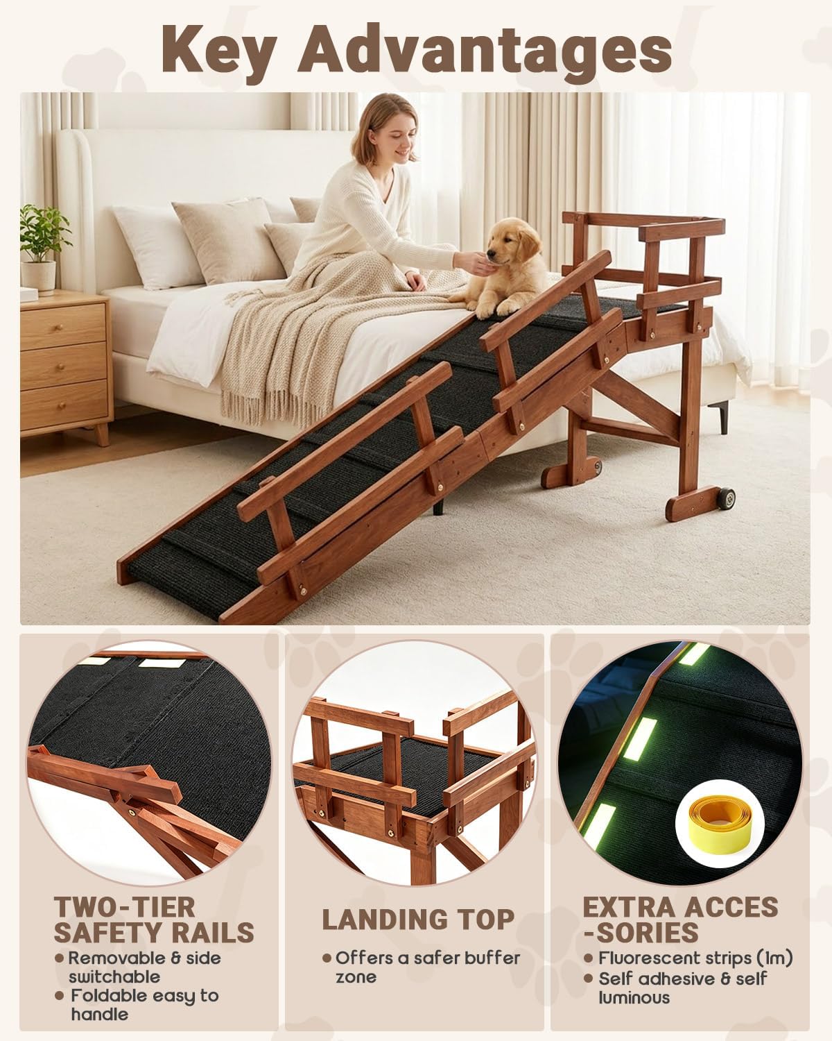 Wooden Dog Ramp for High Bed, 73.2" Long Pet Ramp with Foldable Side Rails | 20°Gentle Slope, Fluorescent Strip, Top Platform,Safe Bed Ramp for Small, Medium & Large Senior Dogs, Movable Wheels