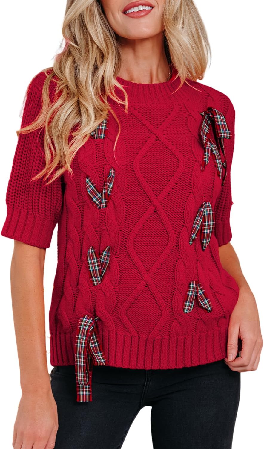 Womens Puff Short Sleeve Sweater Casual Plaid Lace up with Bow Christmas Holiday Shirt Tops