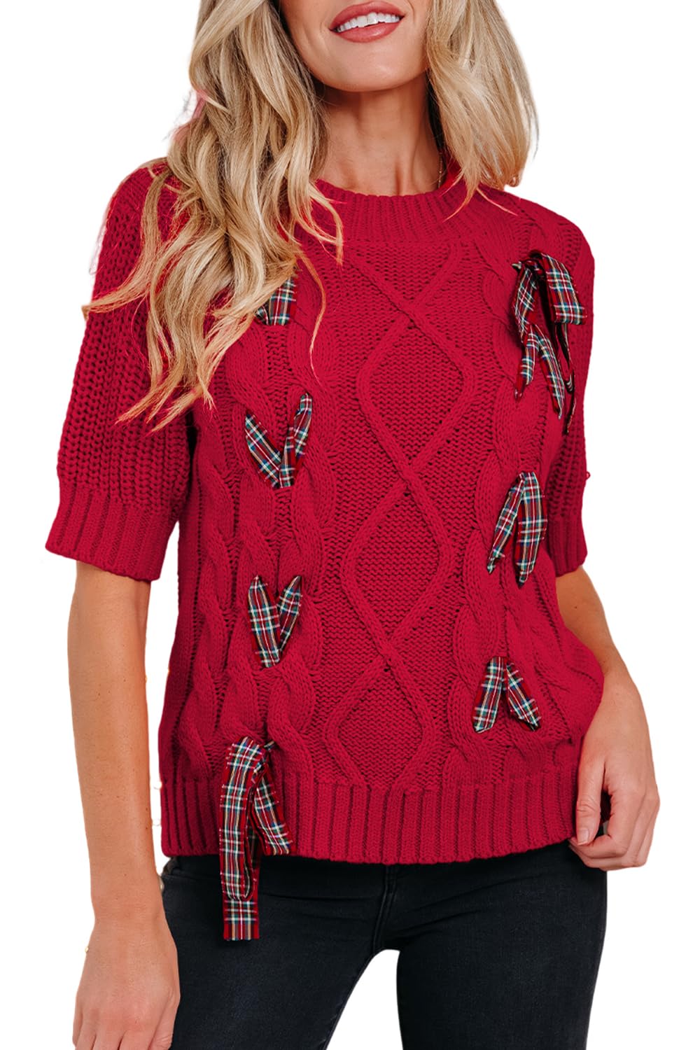 Womens Puff Short Sleeve Sweater Casual Plaid Lace up with Bow Christmas Holiday Shirt Tops