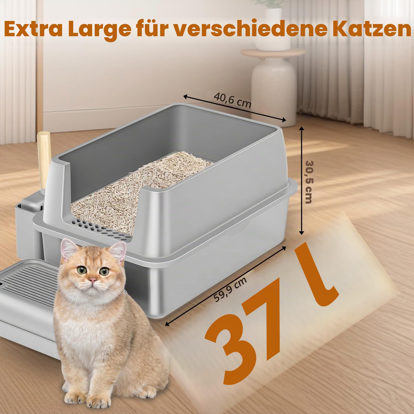 Edelstahl Katzenklo XXL 37L – Geschlossene Katzentoilette für große Katzen, mit 120° Klappdeckel, Trittstufe und Schaufel, geruchsarm, auslaufsicher, leicht zu reinigen, Cremegrau