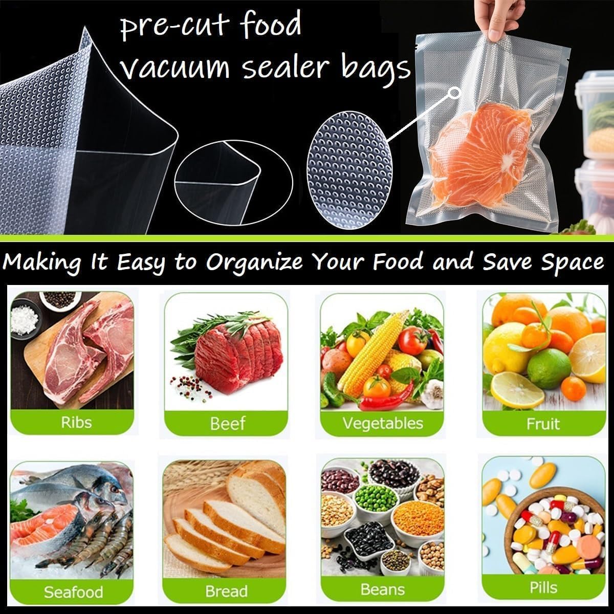 YILUFA 200 Counts Vacuum Sealer Bags 14 x 16 Inch, BPA Free Food Grade Pre‑Cut Embossed Vacuum Bags for Food Storage, Freezer & Sous Vide Cooking, Fits All Vacuum Sealer Machines