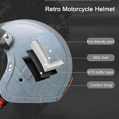 Miniatura 2 de Retro Motorcycle Leather Half Helmet, Unisex-Adult 34 Open Face Motorbike Helmets with Goggles DOT Approved Motorbike Jet Helmet for Cruiser Scooter