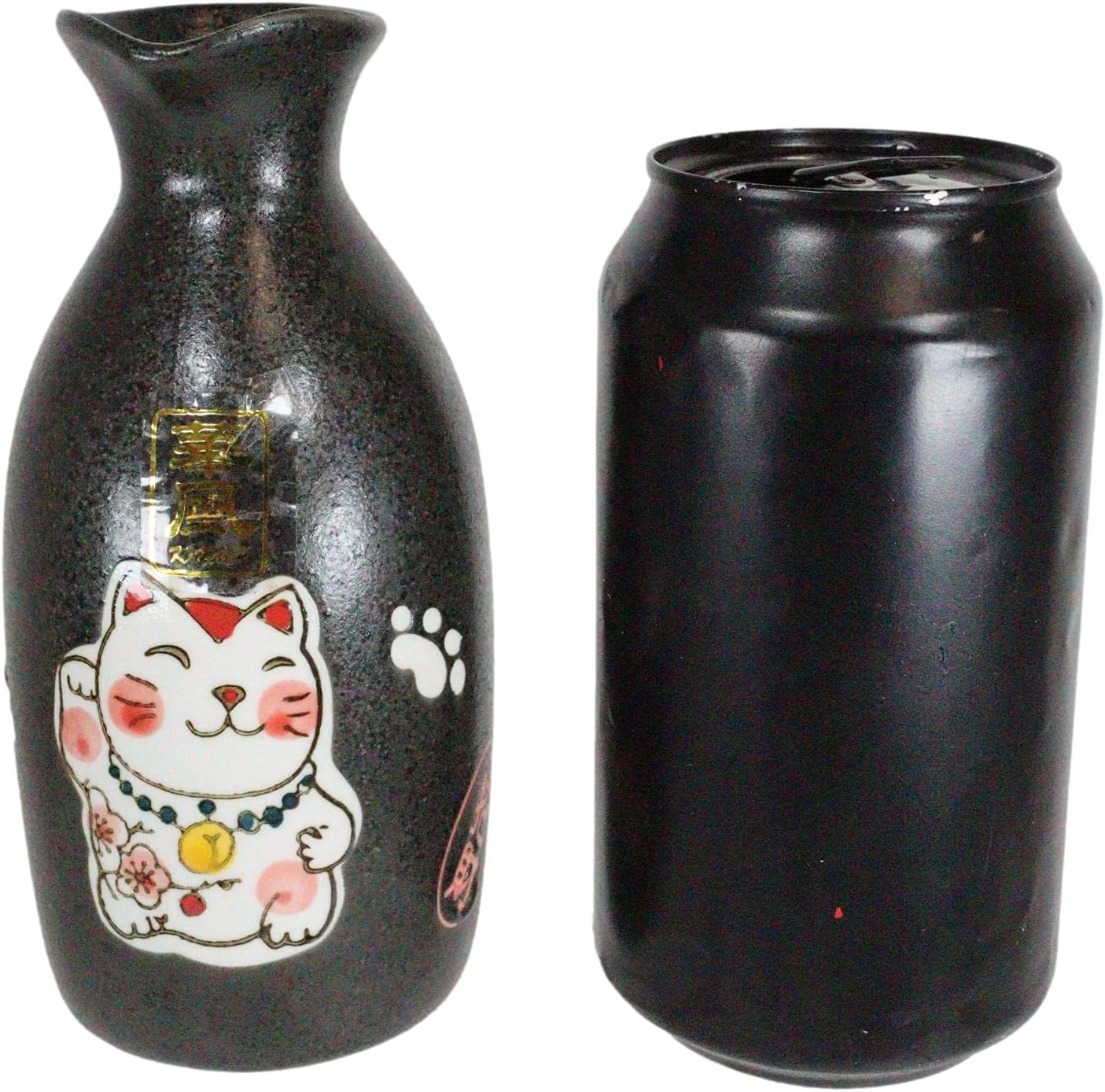Japanese Maneki Neko Lucky Charm Cat Glazed Ceramic Black Sake Set Flask With Four Cups Great Asian Living Home Decor and Gift For Housewarming Special Friendship Eastern Decorative Party Set