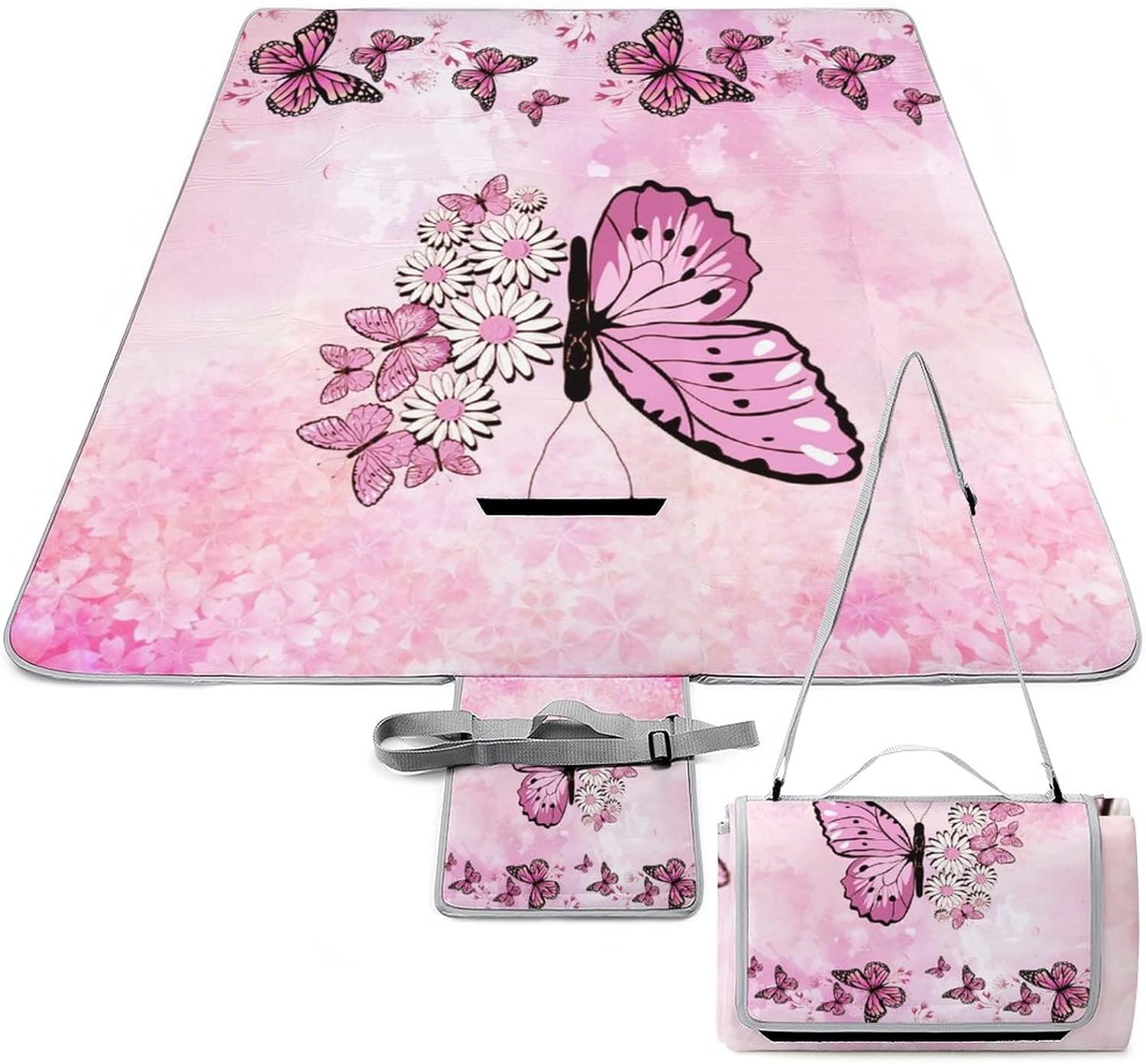 Pink Fantasy Butterfly and Flowers Outdoor Picnic Blanket Abstract Modern Art Colorful Butterfly Girls Room Deco for The Beach Camping on Grass Waterproof Sandproof 58.3x58.3 Inch