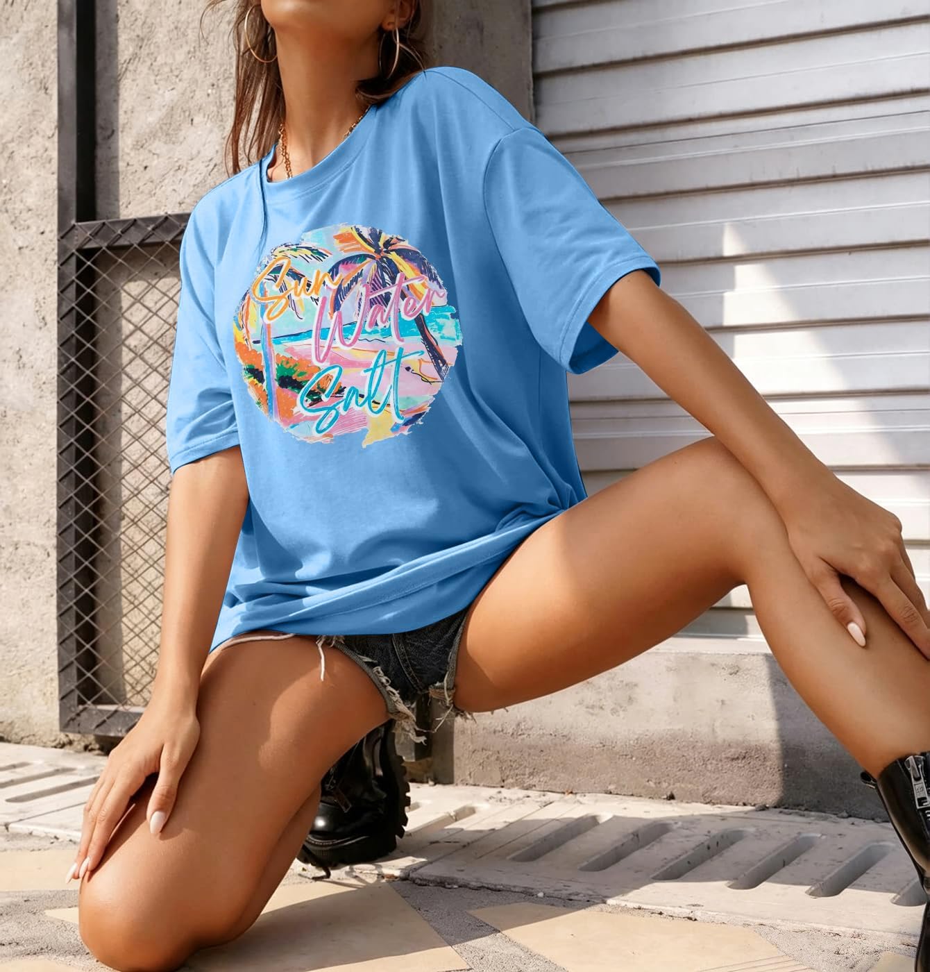 Womens Oversized Tshirt Sunshine Graphic Tees Boho Summer Short Sleeve Top image 4