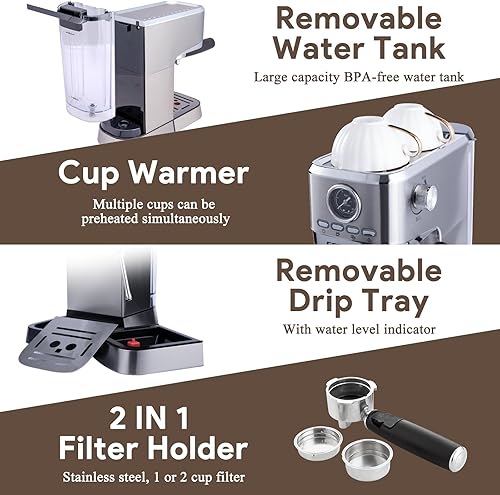 Miniatura 8 de Máquina de café expreso con espumador de leche, máquina de café espresso para capuchino con leche, máquinas de café espresso compacto profesional de