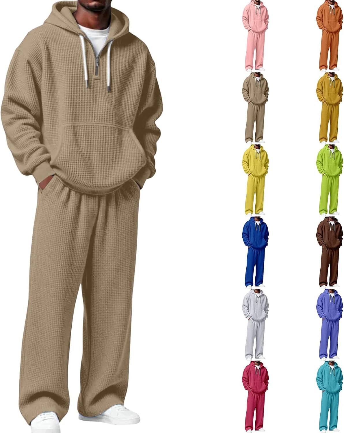 Mens Sweatsuits 2 Piece Set Waffle 1/4 Zip Hoodies and Casual Pants Lounge Outfits Loose Polo Shirts Athletic Sets