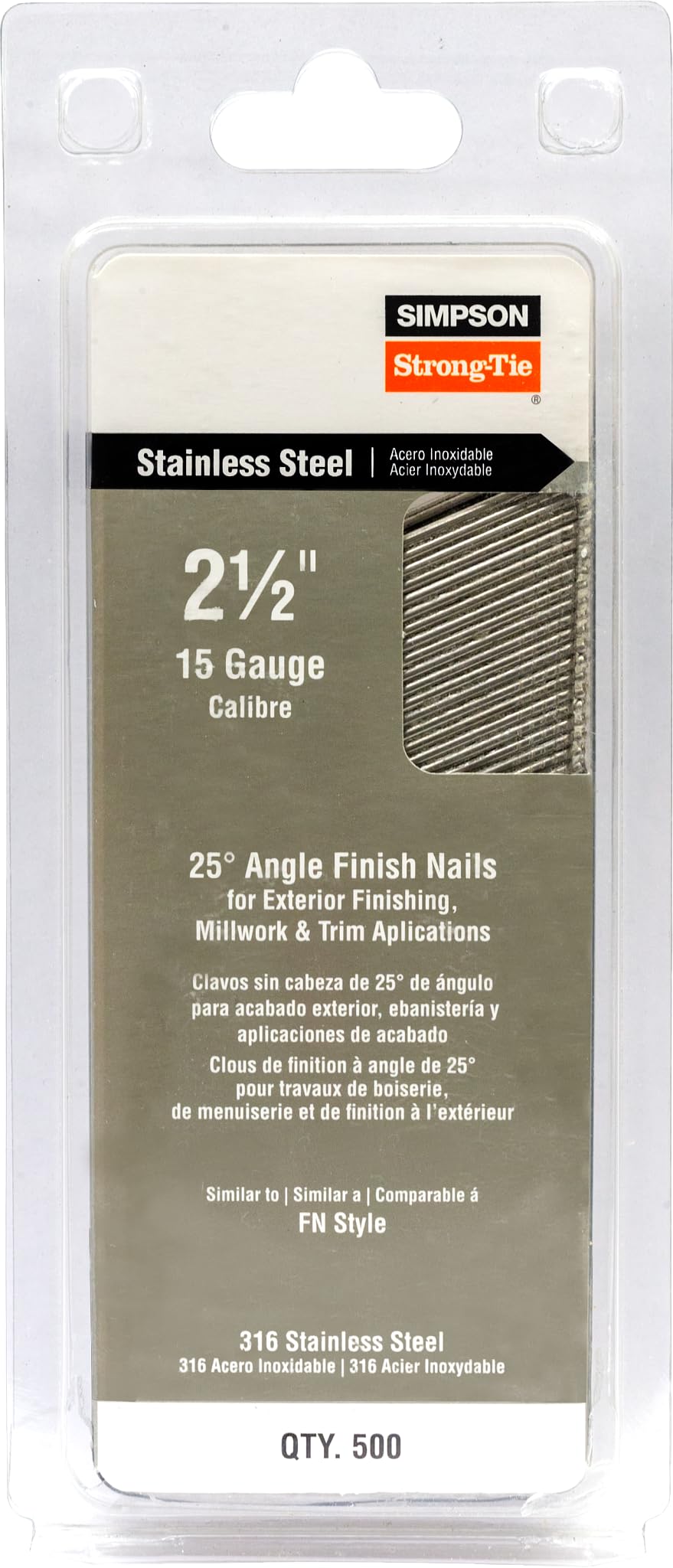 Simpson Strong-Tie T15N250FNB 25° Angle, Adhesive Collation, FN-Style, 15-Gauge Finishing Nail — 2-1/2 in. Type 316 (500-Qty)
