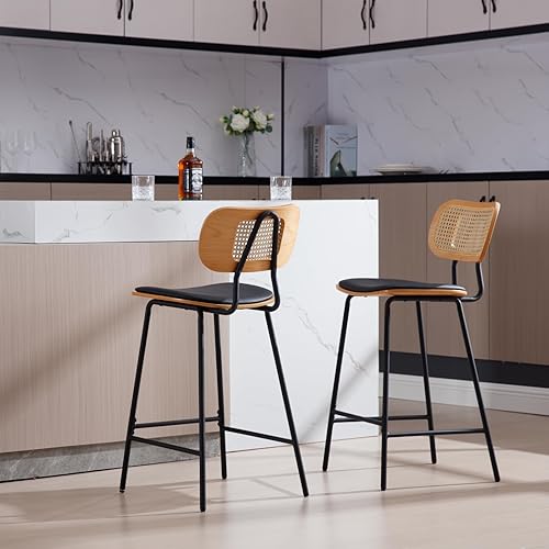 Miniatura 4 de HEAH-YO Juego de 2 taburetes de bar modernos de 26 pulgadas de altura de mostrador con respaldos de ratán, taburetes de cocina de piel sintética