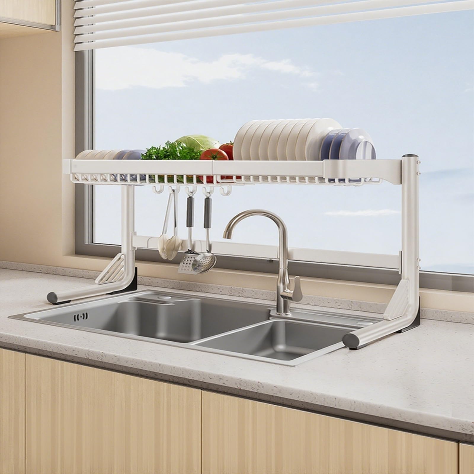 2-poziomowy stojak na naczynia nad zlewem, odpływy i suszenia, talerze, miski, szklanki, garnki, patelnie, oszczędność miejsca, kuchnia (biała jednowarstwowa)