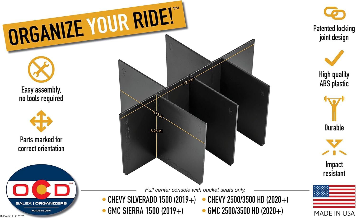 Vehicle OCD - Center Console Divider and Tray Organizer for Chevy Silverado 1500 / GMC Sierra 1500 (2019-2021) and 2500/3500 HD (2020-2023) (Full Console w/Bucket Seats ONLY) - Made in USA
