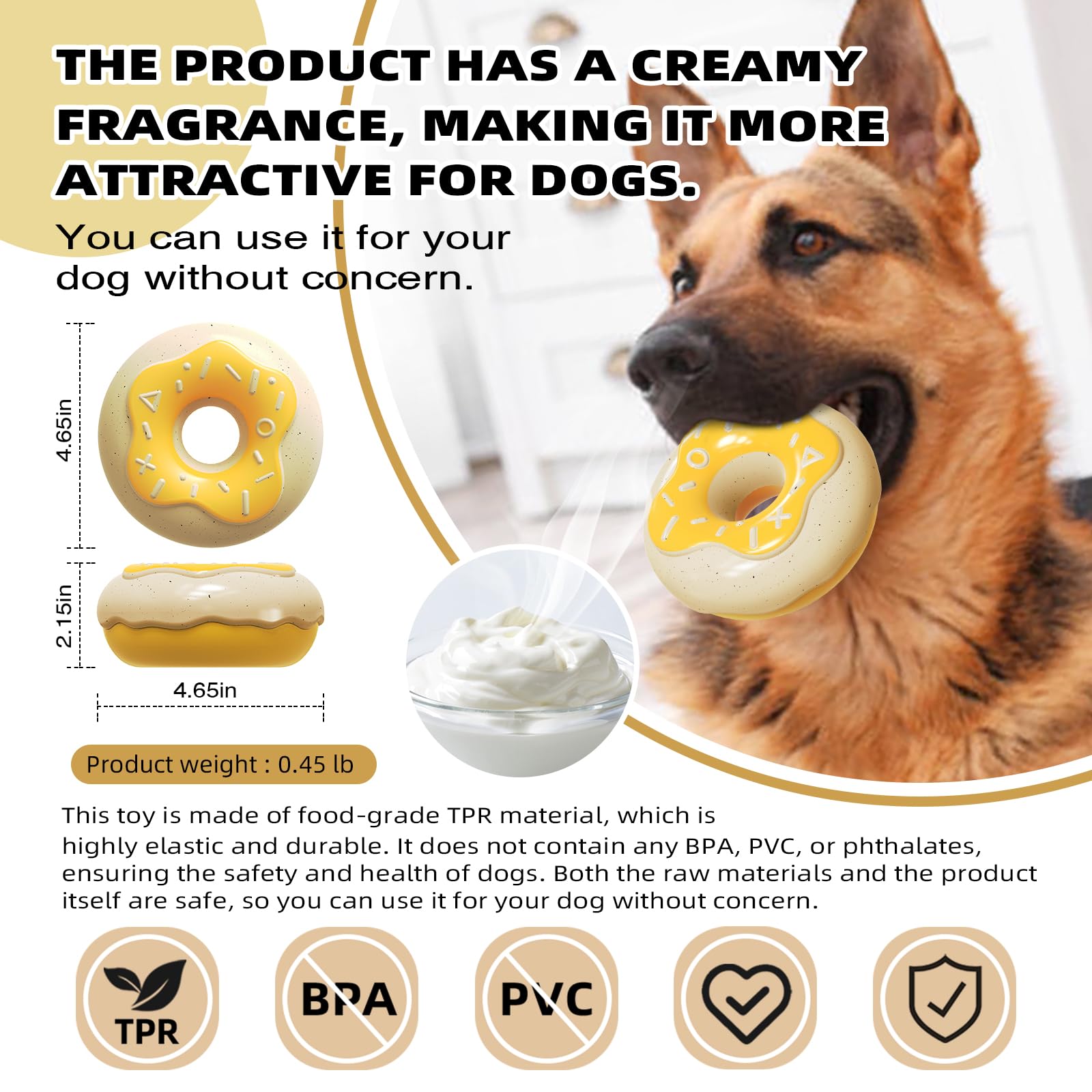 MMSGA Squeaky Donut Dog Toy for Aggressive Chewers,Doughnut shaped dog chewing toy with a creamy aroma,for Aggressive Chewers Medium Large Breed,Indoor and Outdoor Toys for Dogs (Yellow) - Image 2