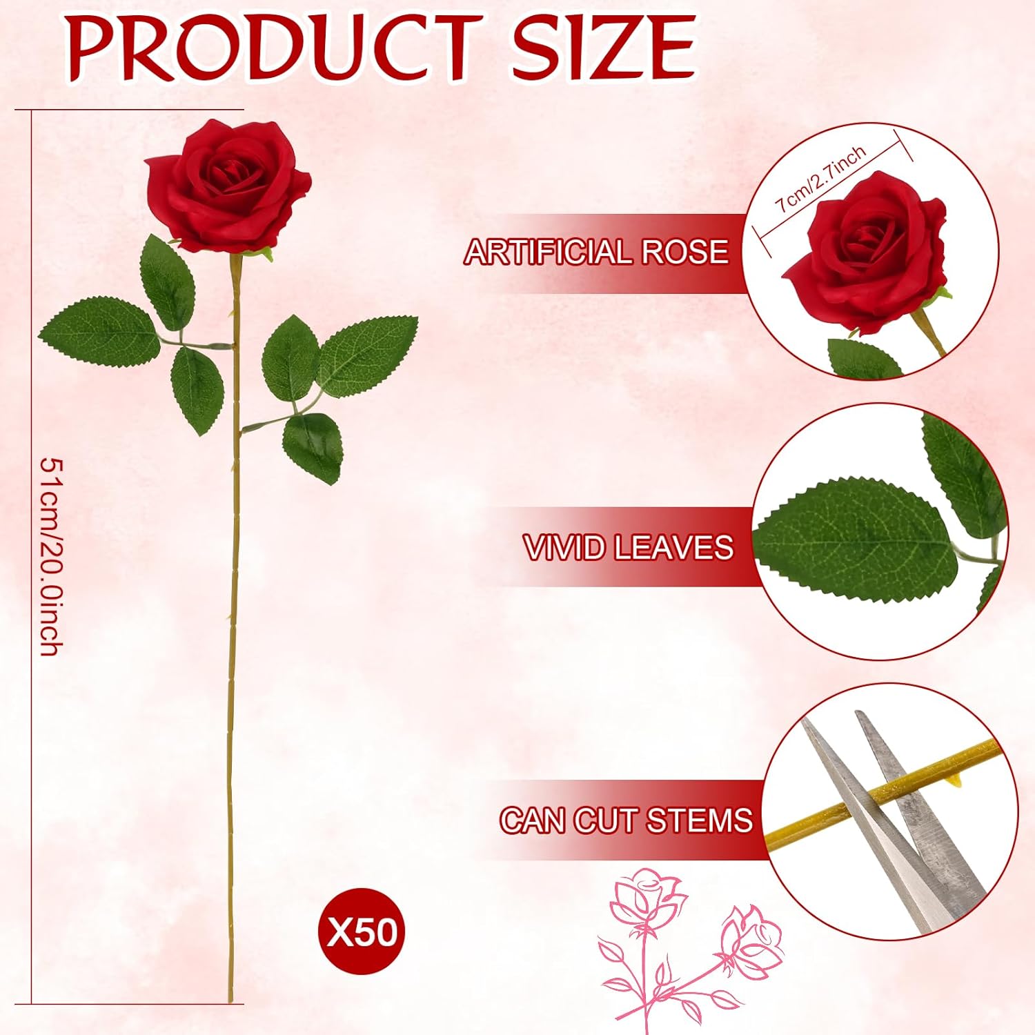 50 Pcs Artificial Red Rose Bluk Fake Flowers with Stem Realistic Silk Roses Bouquet Coffee Table Decor Flower Arrangement for Wedding Centerpieces Home Office Farmhouse Holiday Decorations