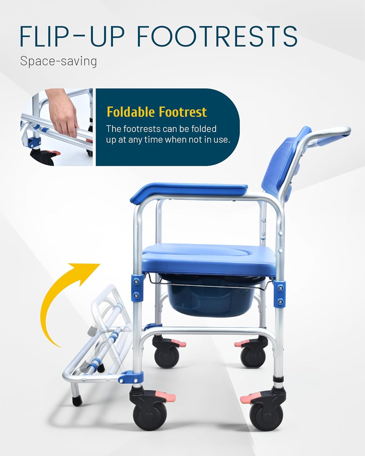 Bedside Commode with Wheels - Rolling Shower Chair for Elderly and Disabled - 3 in 1 Shower Wheelchair 400 LBS Capacity, HDB-697A