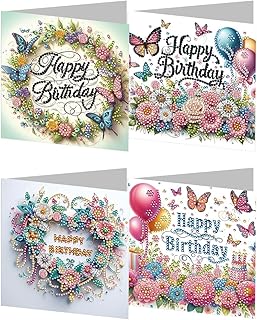 Generish 4er Set Diamond Painting Geburtstagskarten mit Umschlägen,Grusskarte,Glückwunschkarten,Geburtstagskarten, Klappkarten mit Umschlägen,Happy Birthday für Erwachsene,Mann,Frau,Kinder,Mädchen