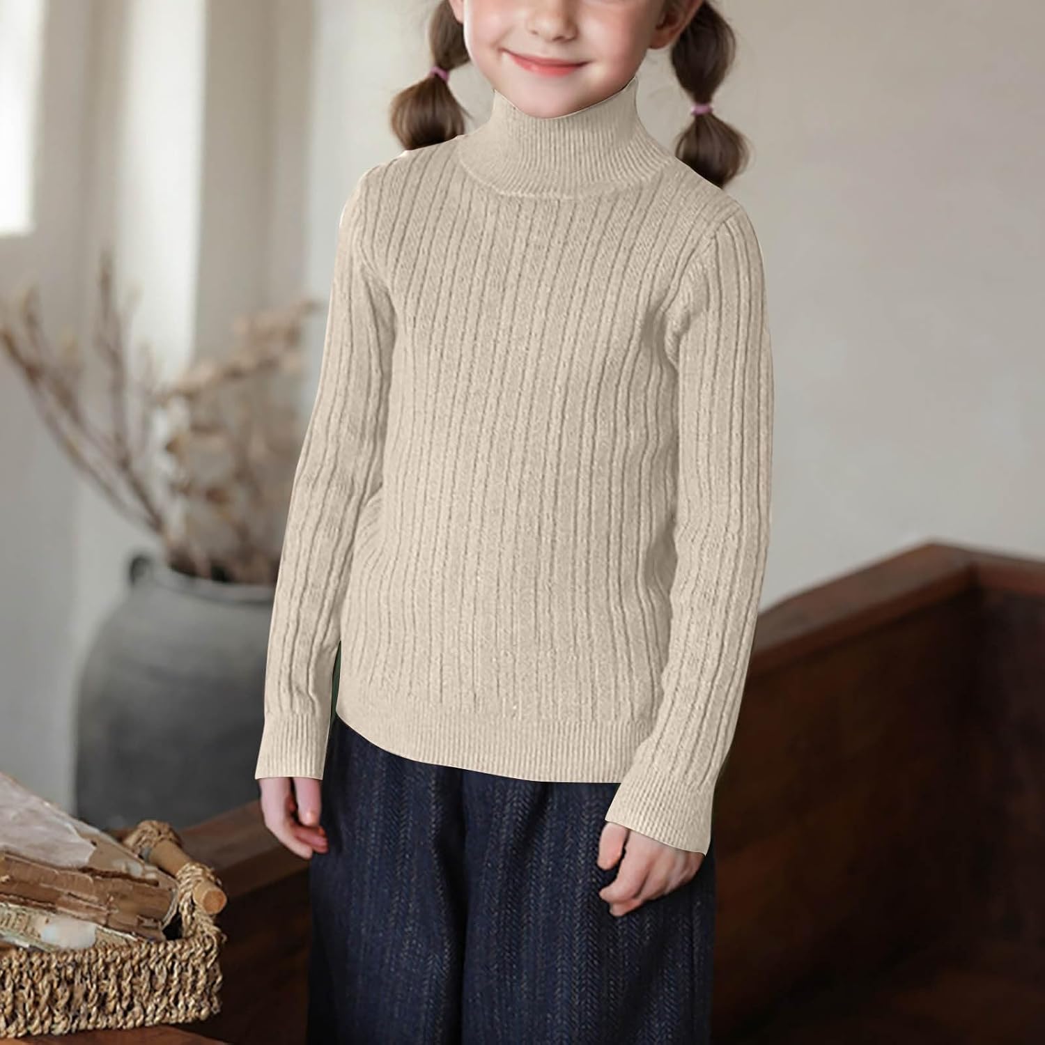 Girl Base Knit Sweaters Turtleneck Long Sleeve Slim Sweater Medium Large Children's Casual Warm Knitted Top