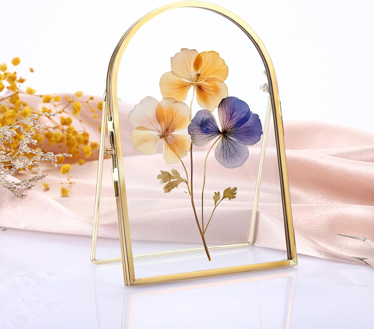 3 PCS 4x6 Inch Double Glass Pressed Flower Frame - Golden Floating Frames for Dried Flowers, Art, Photos | Vintage Pressed Flower Frame Tabletop Display Holder for Home Plant Specimen (Half Circular)