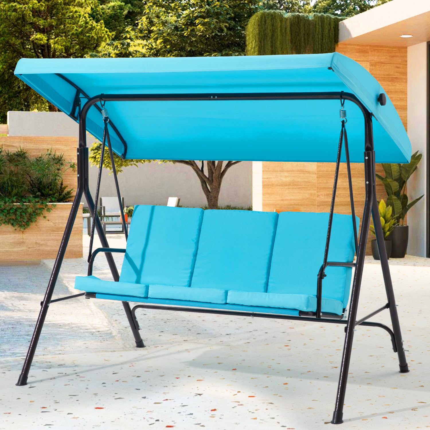 3 Seat Patio Swing, Outdoor Swing with Removable Cushions, Porch Swing with Adjustable Canopy for Backyard, Porch, Garden,Fabric Seat,(Lake Blue)