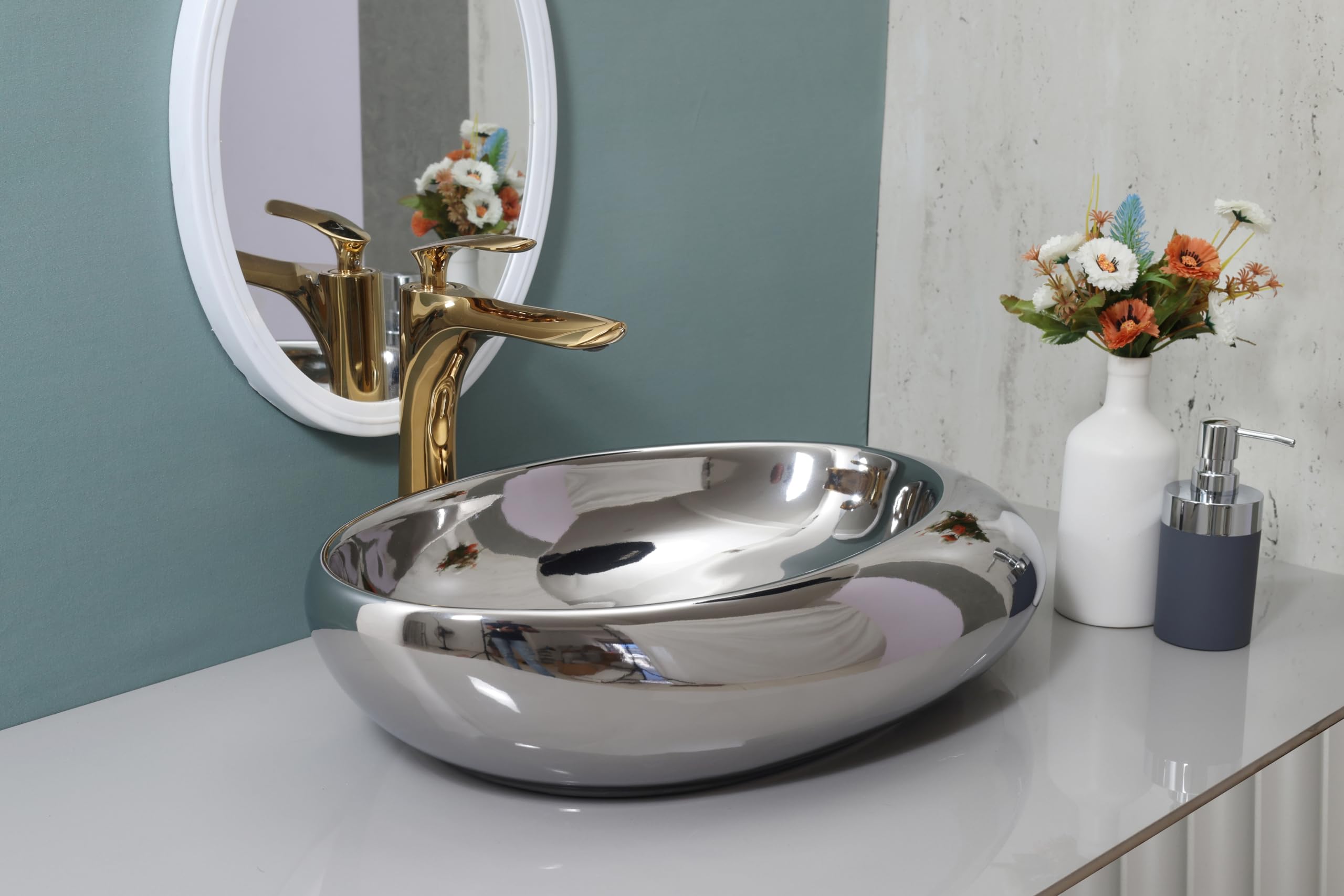 HISRE Wash Basin Countertop | Tabletop Ceramic Bathroom Sink | Oval Shape Wash Basin For Bathroom | Ceramic Wash Basin (24 x 16 x 5.5 Inch) (Style - 4), photo 3 of 4