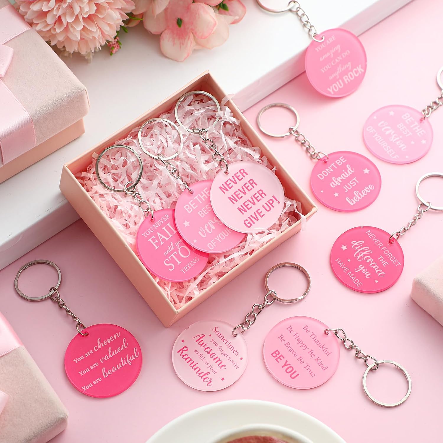 30 Pcs Pink Inspirational Quote Keychains Bulk Gifts for Women