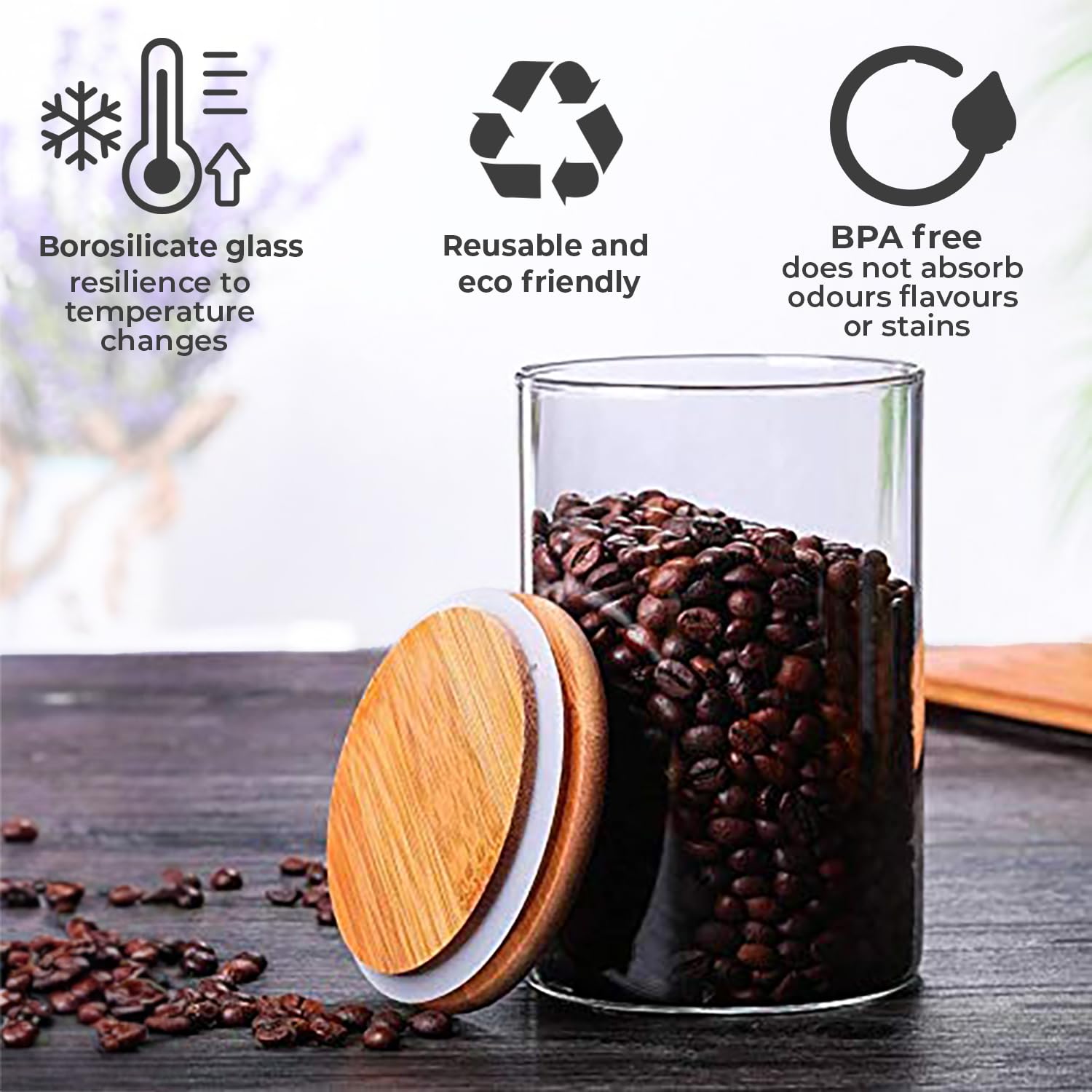 Neo Lot de 6 bocaux de rangement transparents en verre borosilicate avec couvercle hermétique en bambou pour cuisine, garde-manger, conteneur alimentaire