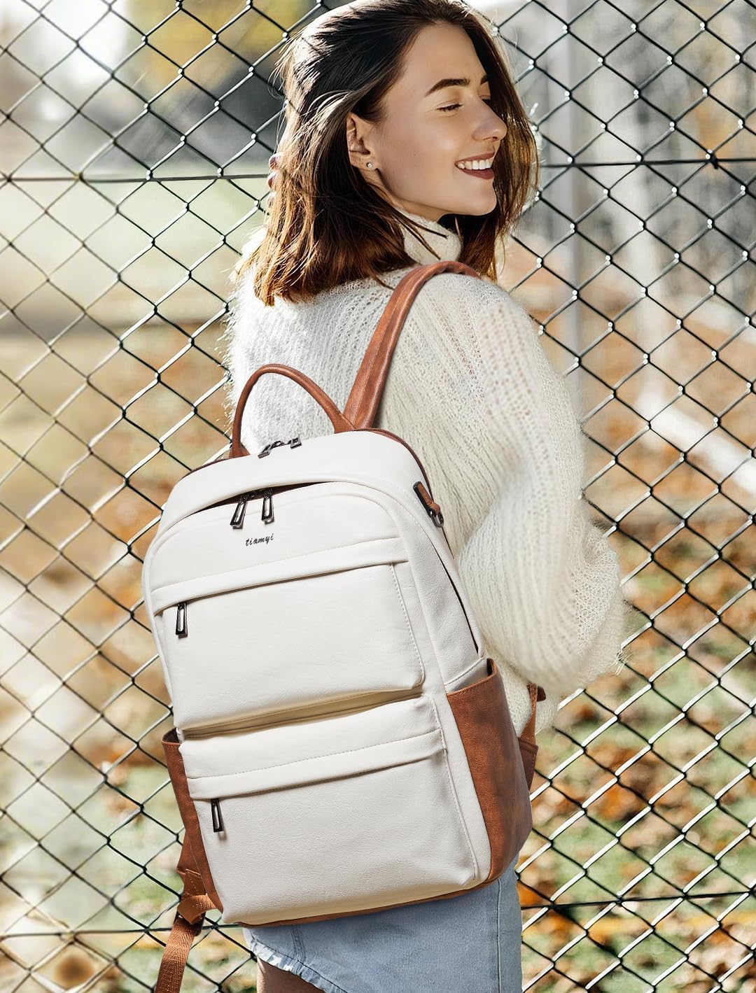 Vegan Leather Backpack for Women and Men, Fits 16.0 Inch Laptop, Multi-Pocket Design with Water Bottle and Luggage Strap, Ideal for Work, Travel, and Daily Use, Beige